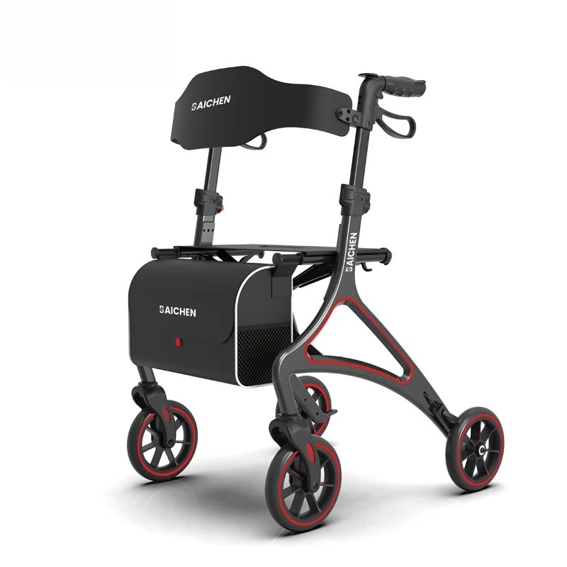New Upgrade 6.1KG Ultra Light High Strength Full Carbon Fiber Foldable Seniors Adult Walking Aid Rollator With Seat