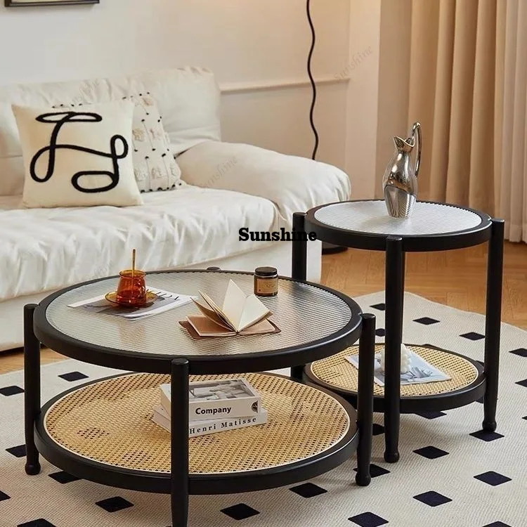 

Japanese glass coffee table Changhong solid wood rattan combination Nordic simple living room household small apartment round