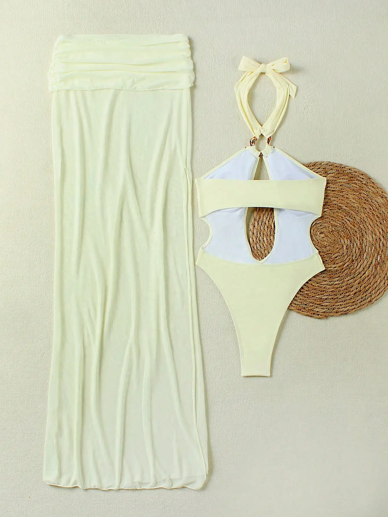 

Women's Halter Neck Cut Out Sexy Elegant Beige Solid Bikini Set With Sheer Skirt For Beach Vacation Party