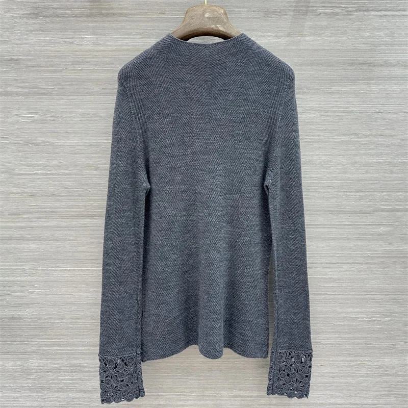 women's sweater New elastic knitted slim fit women's long sleeved top for autumn 2026 Lace hollow pullover 100% wool Knitwear