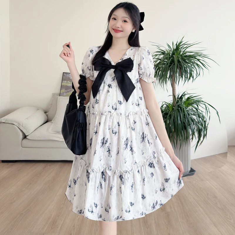 

Pregnant Women's Summer Loose Floral Dress Sweet Bowknow Collar Maternity Ball Gown Dress Short Lady Chiffon Dress Wholesale