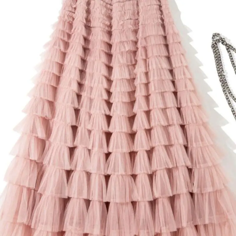 Saia de malha em camadas doce, cintura elástica, vestido longo de princesa, estilo coreano, cintura alta, tecido de poliéster...