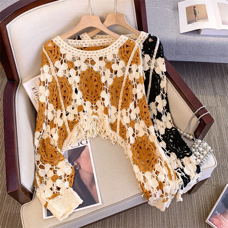 

Вязаное длинное пальто Sweet Sle с круглой отделкой Ne и кружевной отделкой, повседневное свободное осеннее пальто для женщин больших размеров