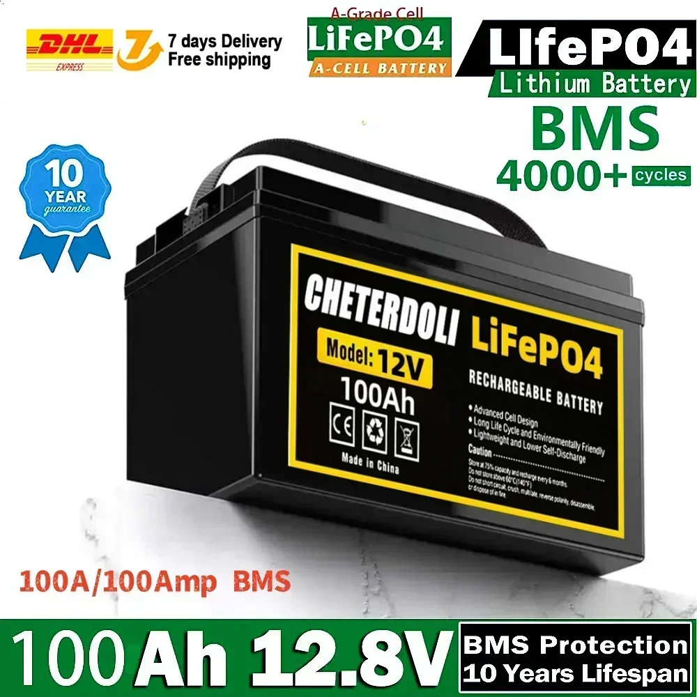

CHETERDOLI Original 12V 100Ah LiFePO4 Battery Built-in BMS Lithium Iron Phosphate Cells For RV Campers Golf Cart Solar Storage