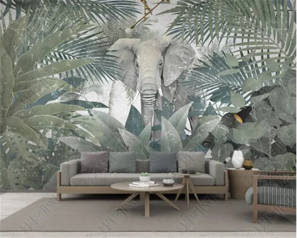 

Milofi Customizes a large 3D Nordic tropical plant, coconut tree, animal, elephant landscape TV background wall