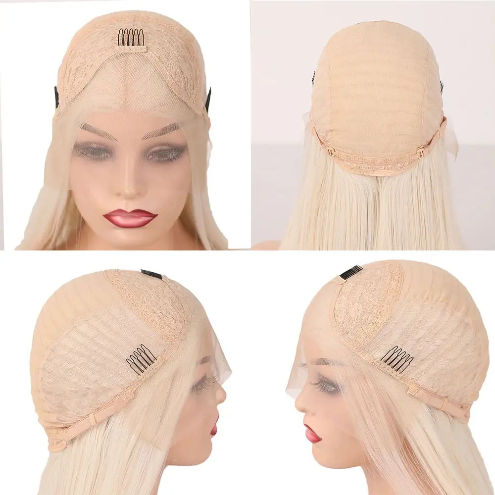 Peluca frontal de encaje sintético ondulado para playa, longitud de hombro, fibras suaves resistentes al calor, rayita Natural, parte libre, Rubio blanco