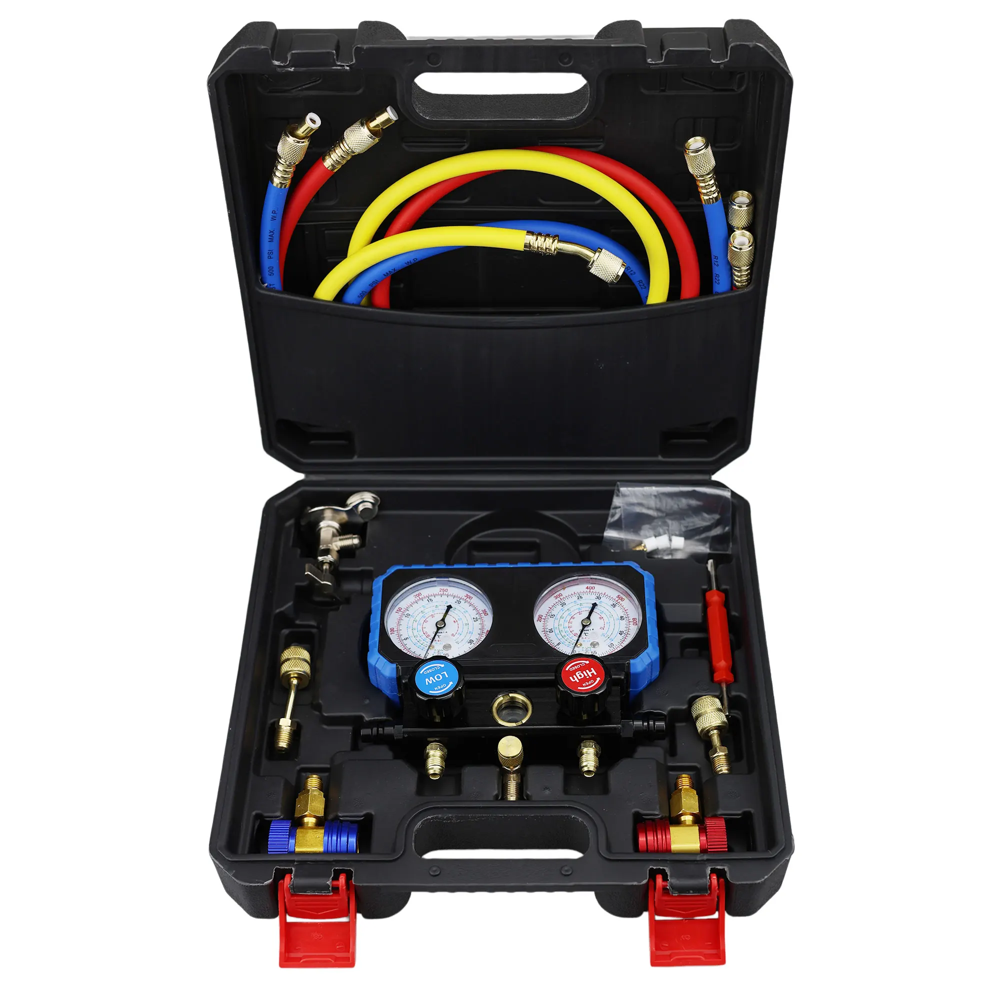 Automotive Air Conditioner Refrigerant Pressure Gauge Kit, R134A and R22 Refrigerant Compatible, Pressure Manifold Hose Included