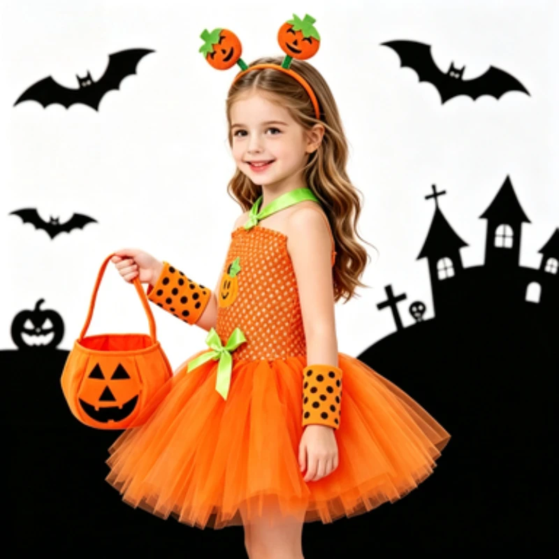 Orange Pumpkin Pattern Puffy Skirt Set for Toddler Little Girls, Kids' Outfit for Halloween Stage & Party, Casual Daily Dress
