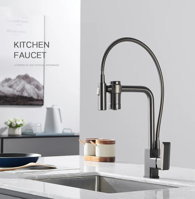 Kitchen Sink Faucet Grey Chrome Brass Pull Down Sink Mixer Tap Rotation Sink Mixer Taps with Fillter  Kitchen Tap