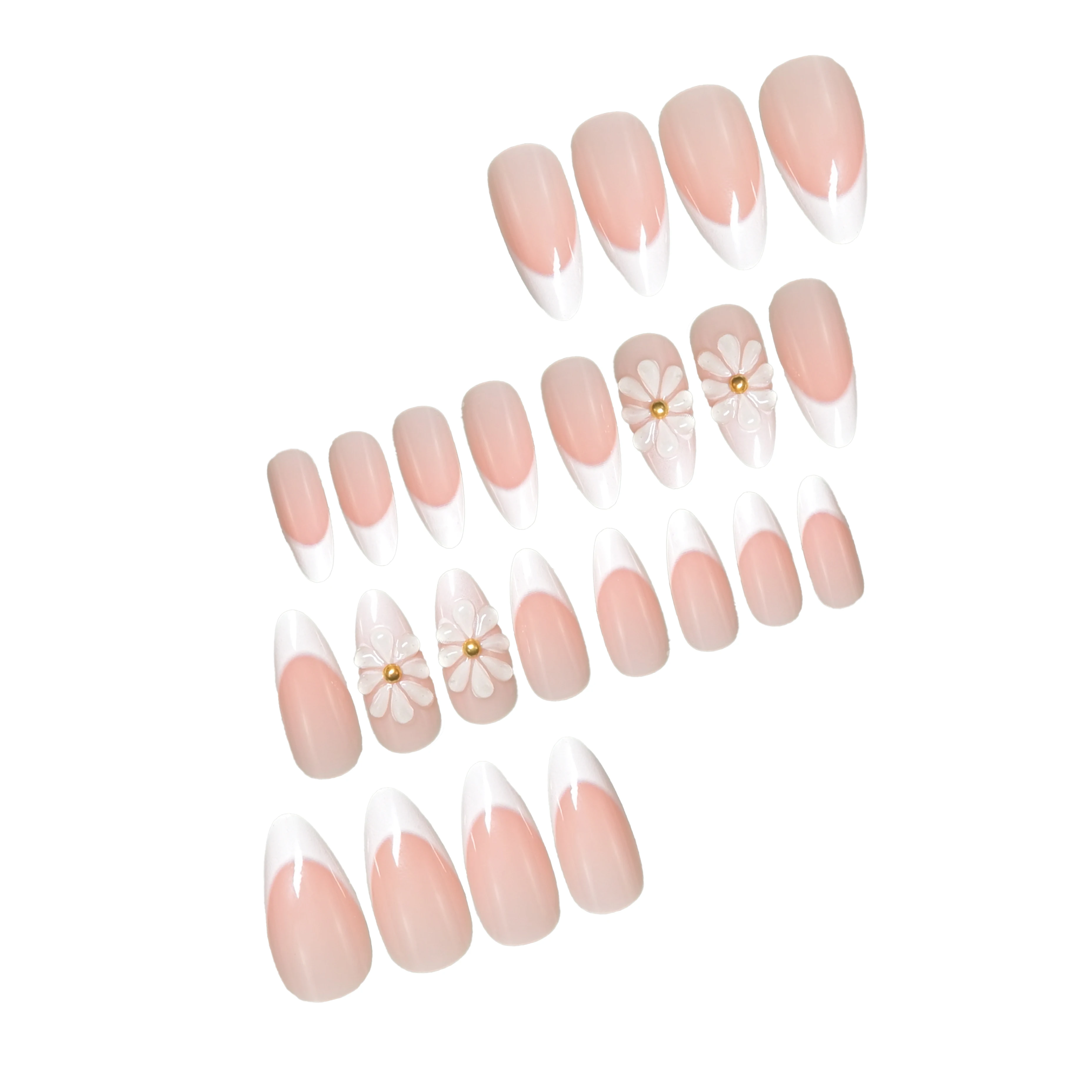 Full Set of 24-Piece Medium Almond Fake Nails – Nude Pink Base with White V-Shape French Tip, 3D White Daisy Flower with Gold Ce