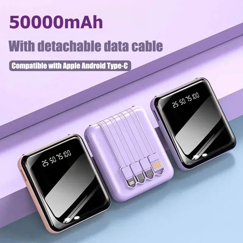 

New Mini Power Bank 50000mA Portable External Battery Charger Cases with Four USB Cable for iPhone Samsung Xiaomi Huawei Android