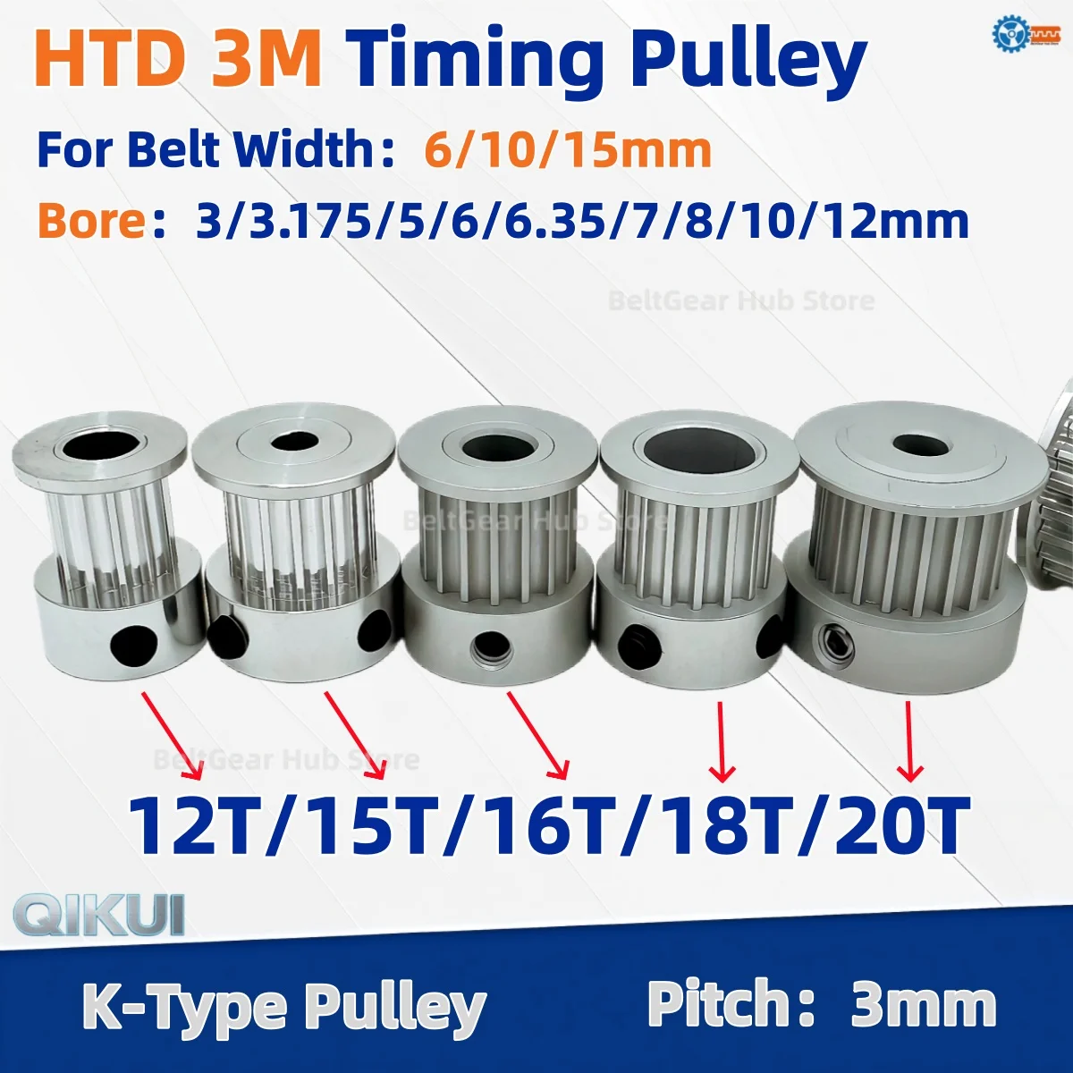 HTD 3M 12/15/16/18/20Teeth K-Type Timing Pulley Bore 3/4/5/6/6.35/7/8/10/12mm Belt Width10/15/25mm Synchronous Wheel Belt Pulley