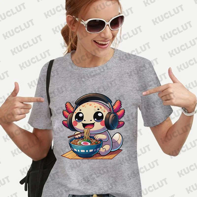 Letnie modne koszulki damskie śmieszne aksolotl jedzenie ramen makaron śliczne Kawaii graficzna koszulka Vintage koszulka damska koszulka damska Top