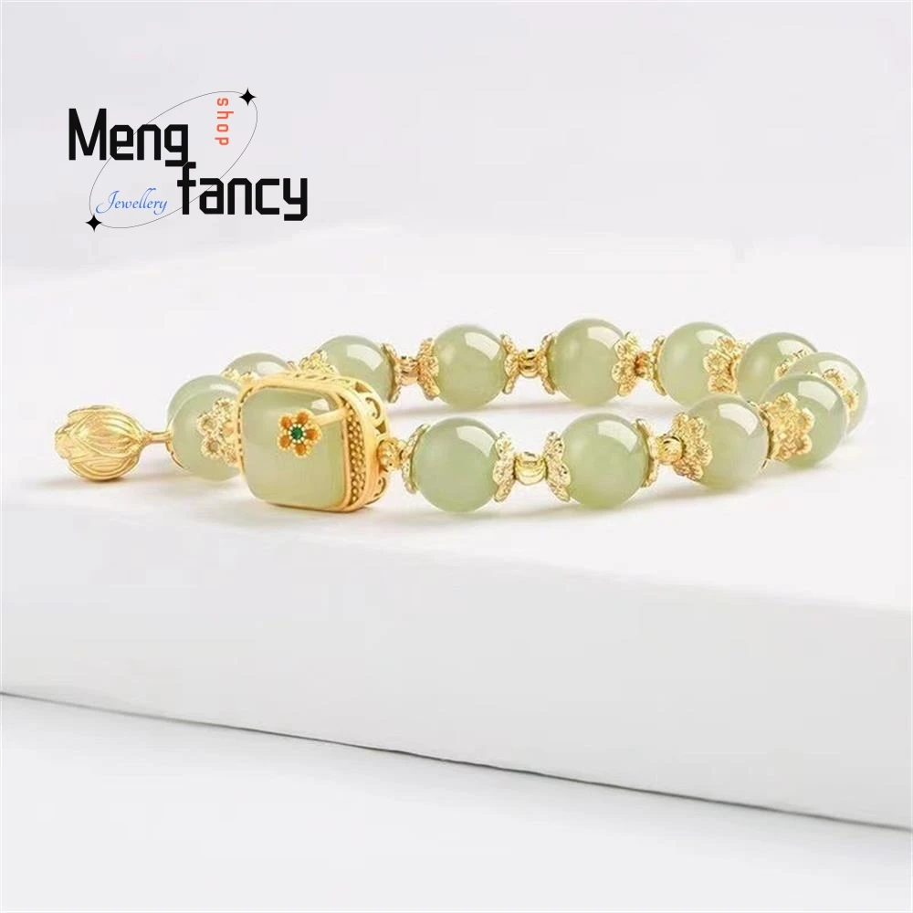 New Natural Hetian Jade Square Sugar Lotus Bracelet Exquisite Elegant Sexy Young Girls Best Selling Fashion Luxury Fine Jewelry