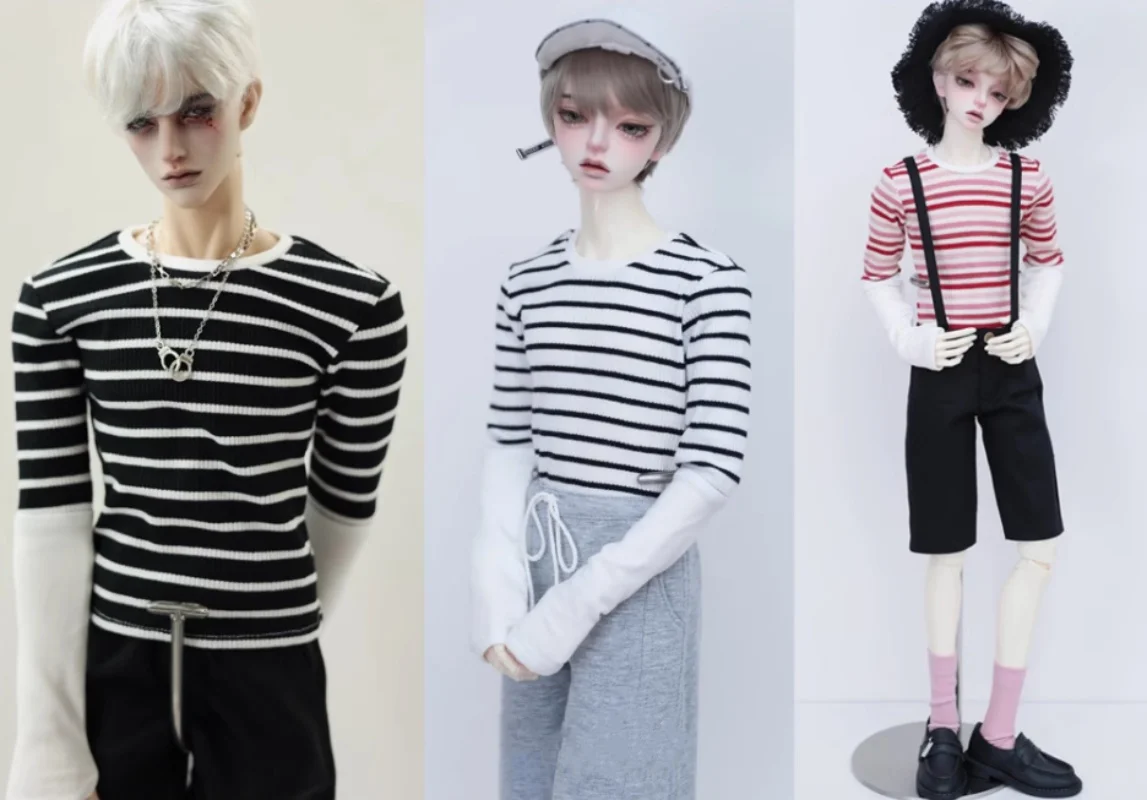 bjd doll clothes fit 1/4 1/3 Uncle size striped splicing sleeve stretch base shirt 3 colors into doll accessories