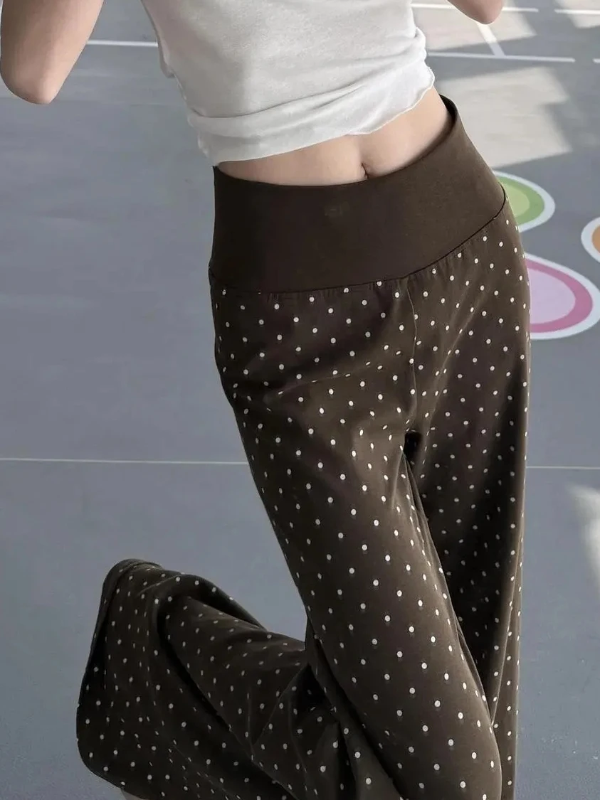 High Waist American Polka Dot Print Wide Leg Pants Women Summer Loose Casual Long Pants Coffee Straight Leg Trousers