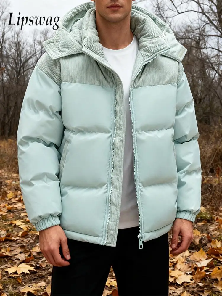 

Outdoor Casual Puffer Down Jacket For Mens Fall Winter Warm Thickened Outerwear Men Streetwear Vintage Corduroy Patchwork Coats