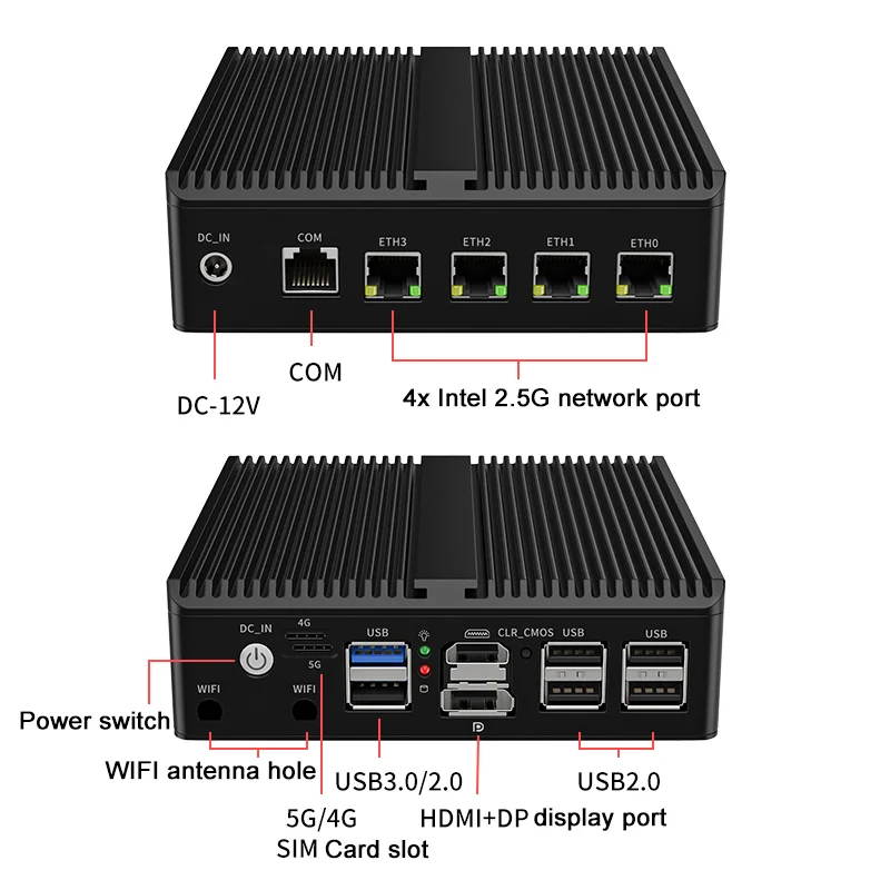 Enrutador sin ventilador Intel J6413 J6412 N100 DDR4 DP HDMI 4 * i226V 2,5G ESXI AES-NI 4G/5G SIM Solt COM Mini PC Pfsense Firewall ordenador