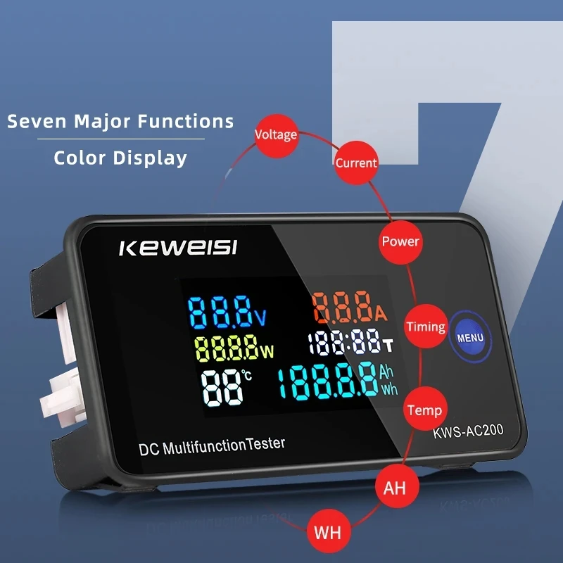 KWS-DC200 Digital Voltmeter DC 0-200V Voltage Seven Functions Power Energy Meter LED Color Display Wattmeter 0-10/50/100A