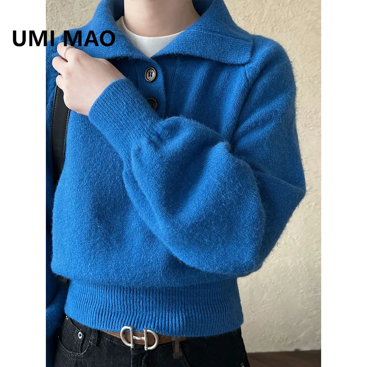 

UMI MAO Высококачественный топ с воротником-поло, короткий свитер с тонкой талией для женщин, осень-зима 202, новый мягкий вязаный свитер