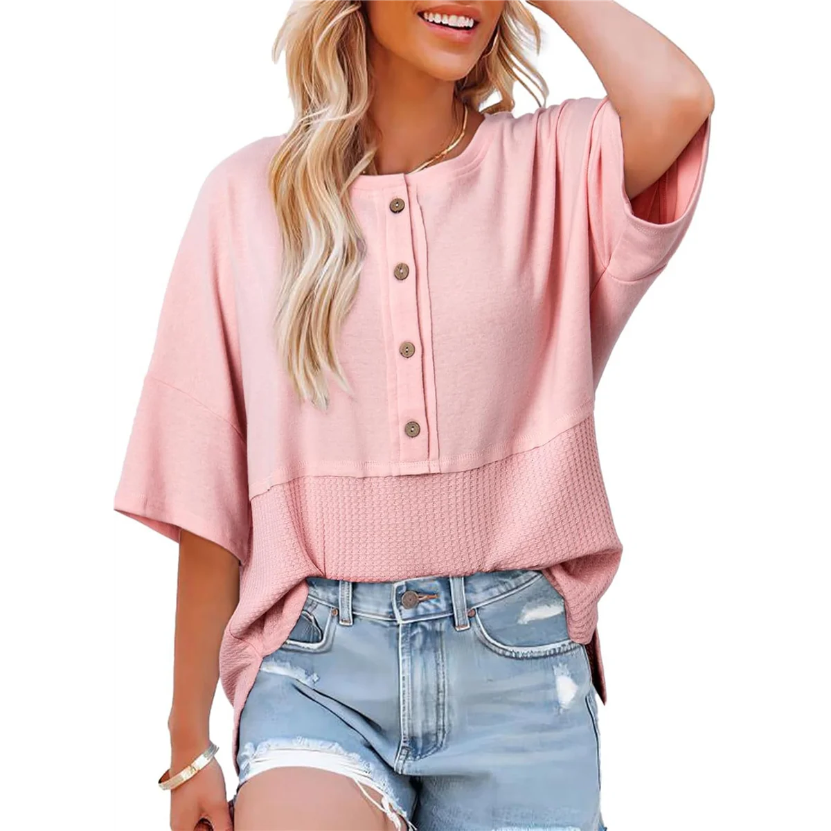 

Women Waffle Knit Tops 2025 Fashion 3/4 Sleeve Crew Neck Oversized Patchwork Blouses Pink XXL