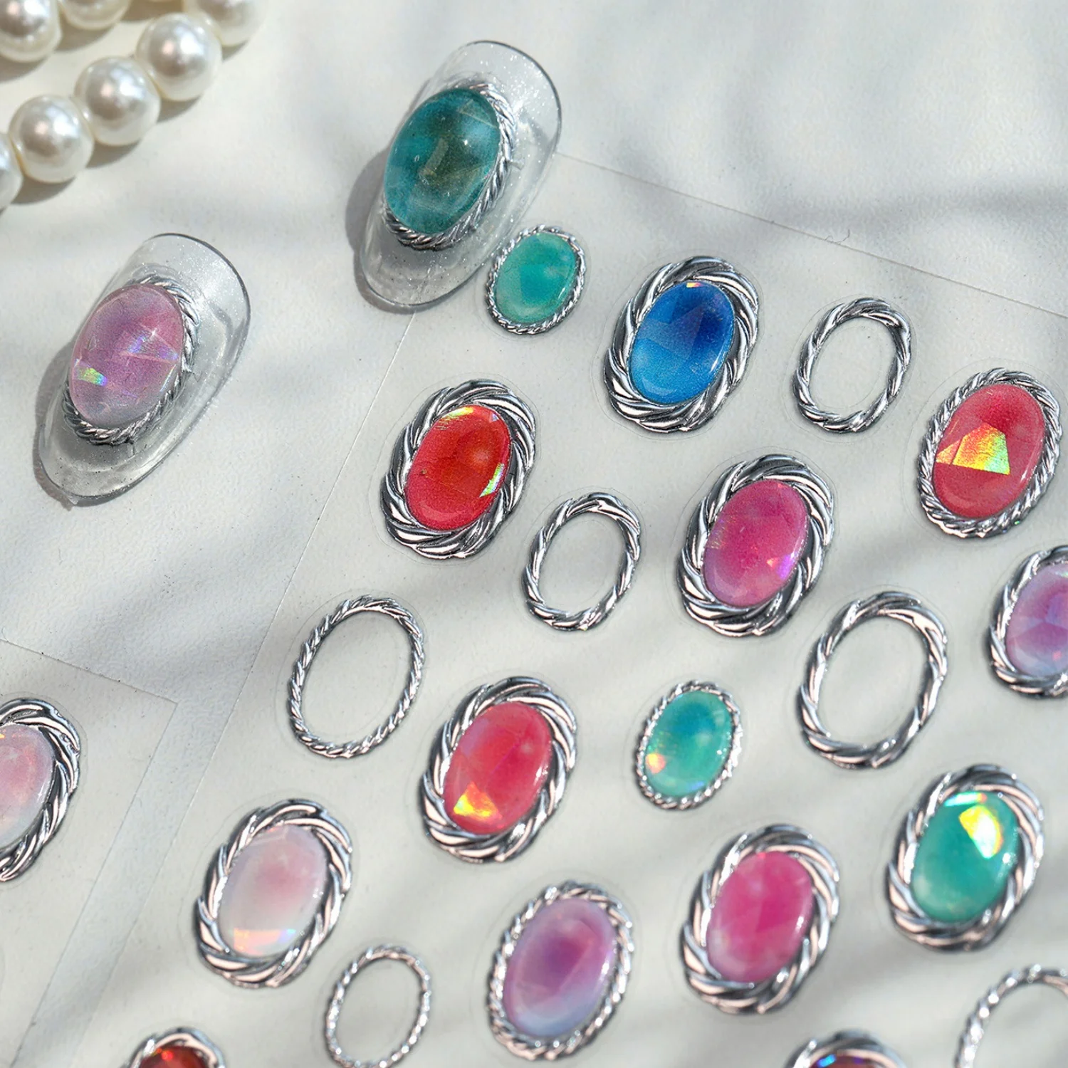 Vintage Palace Imitation Oval Cat‑Eye Gem Jewelry Hollow Metal Border Frame Self‑Adhesive 5D Nail Art Stickers Nail Decoration