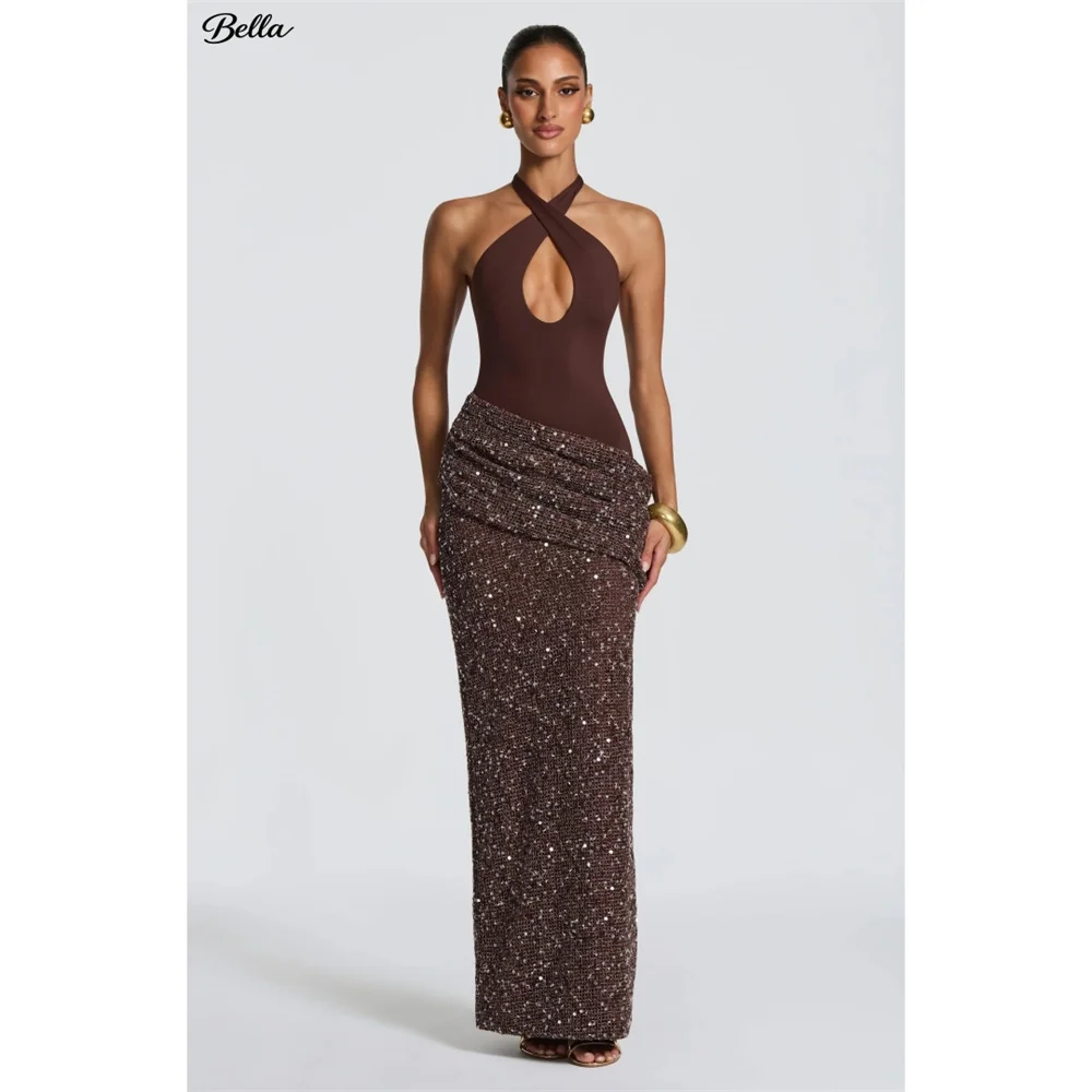 Bella Customized Cross Halter Mermaid Evening dress Prom dresses Cocoa Brown Glitter floor-length Glamorous Elegant Party dress