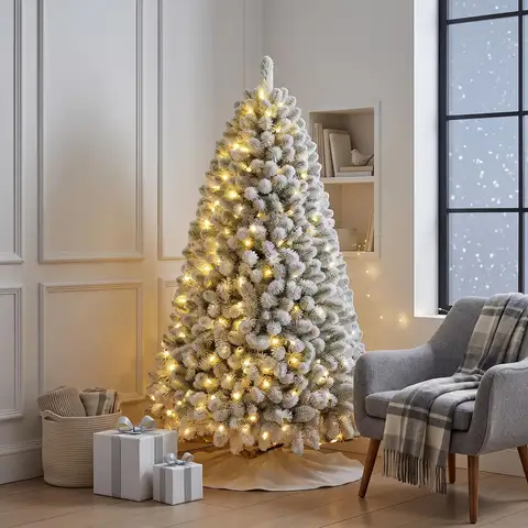 4.5ft/6ft/7.5ft Pre-Lit Snow Flocked Christmas Tree, Artificial Spruce With Warm White LED Lights, Hinged Branches & Storage Bag