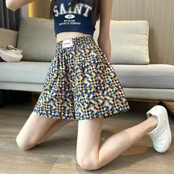 2024 New Summer Korean Version Fashionable Slimming Casual Loose Oversized A-line Wide Leg Retro Plaid Printed Shorts for Women