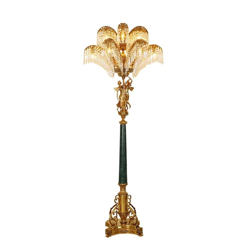 Lámpara de pie de cristal con hojas de palma para sala de estar de lujo europea, lámpara de pie decorativa de latón para esquina de hotel/dormitorio