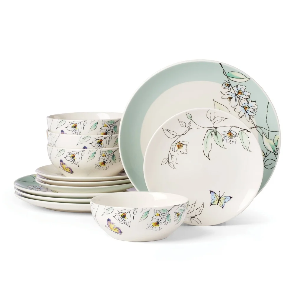 12 Piece Porcelain Dinnerware Set Service 4 Includes Dinner Salad Plates All Purpose Bowls Dishwasher Microwave Safe Spring