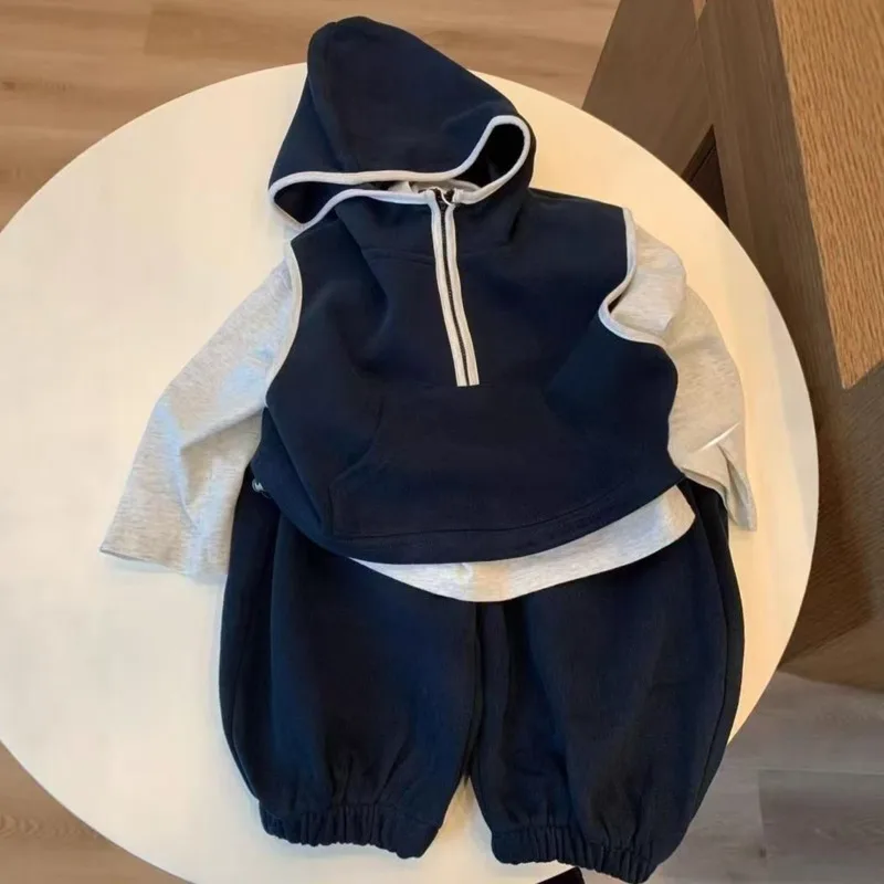Boy Girl Baby Cotton Hood 3piece Set 1-8 Years Layer Outfit Half-zip Vest Long-sleeve Undershirt Long Pants Children Clothes