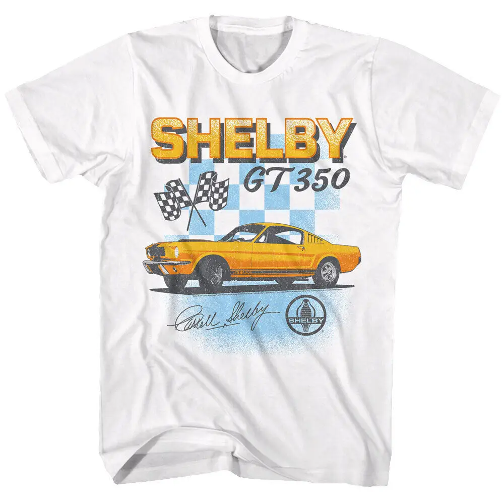 Carroll Shelby GT 350 Yellow Mustang Fastback Checkered Flags Men's T Shirt