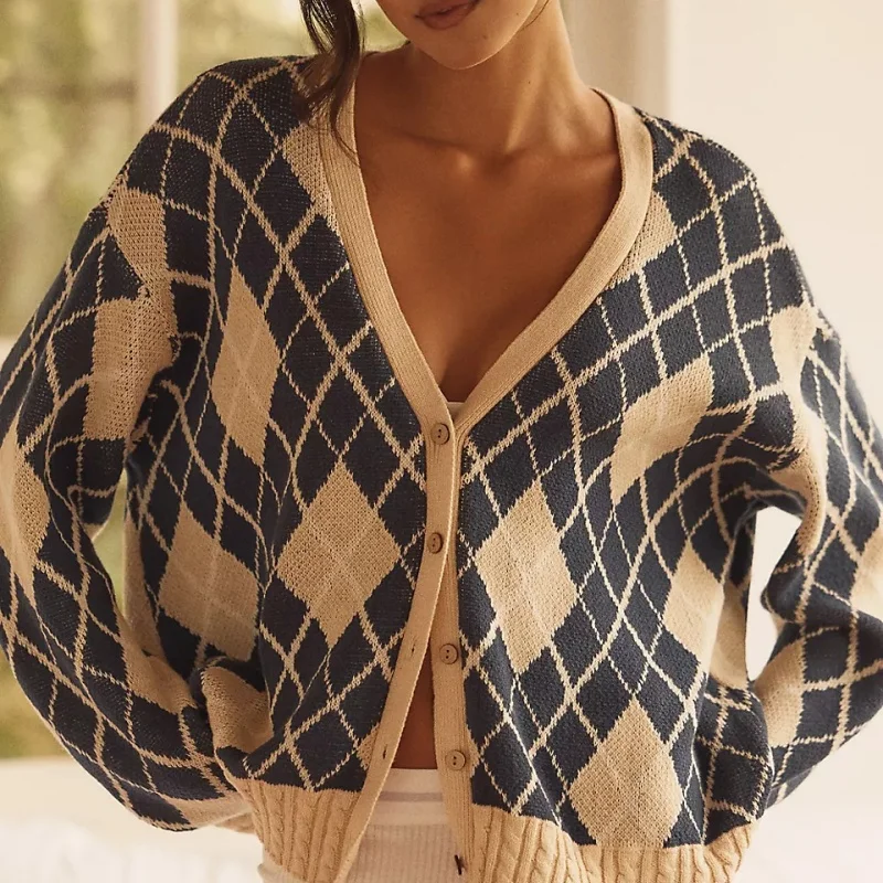 

Женский осенний клетчатый вязаный кардиган, модный универсальный свободный свитер с длинным рукавом и v-образным вырезом на пуговицах Y2k, одежда