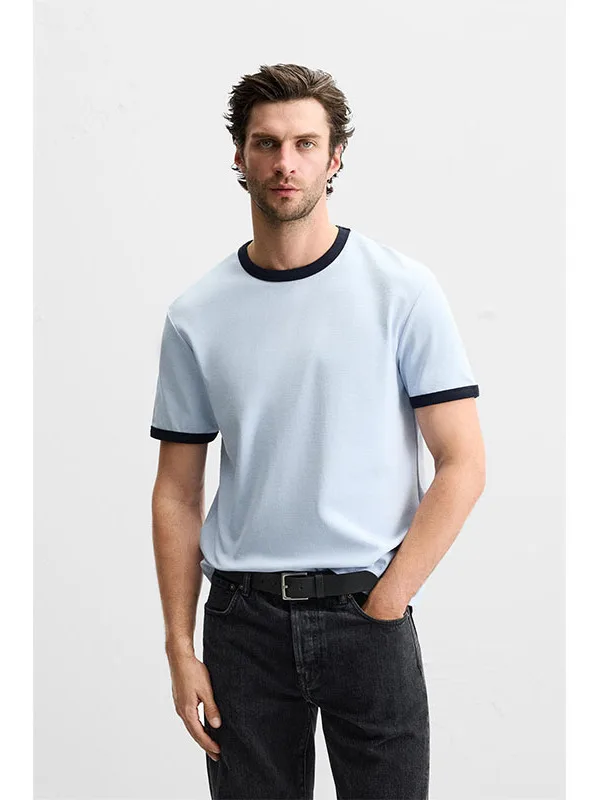 Slim Fit round Neck Short Sleeve T-Shirt Fashionable Urban Style 2025 Summer New Arrival Men's Clothing Color Block Texture