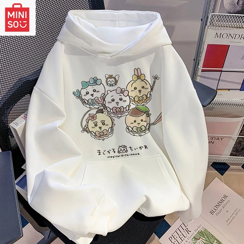 

MINISO collaboration Chiikawa printed hoodie, loose, cartoonish, multi-functional, casual and cute girl