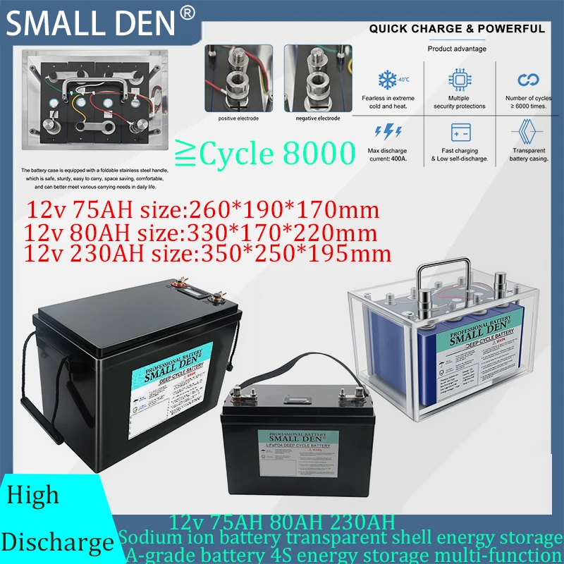 Batterie ionique sodium 12V 75Ah 80Ah 230Ah, courant de décharge élevé 20C, -40 ° C~60 ° C pour stockage solaire, camping-car EV RV, outils électriques