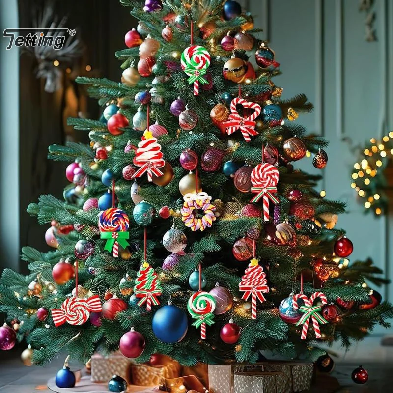 12Pcs Christmas Lollipop Ornaments Colorful Wood Candy Cane Hanging Decoration Peppermint Pendant For Xmas Tree Party Decor
