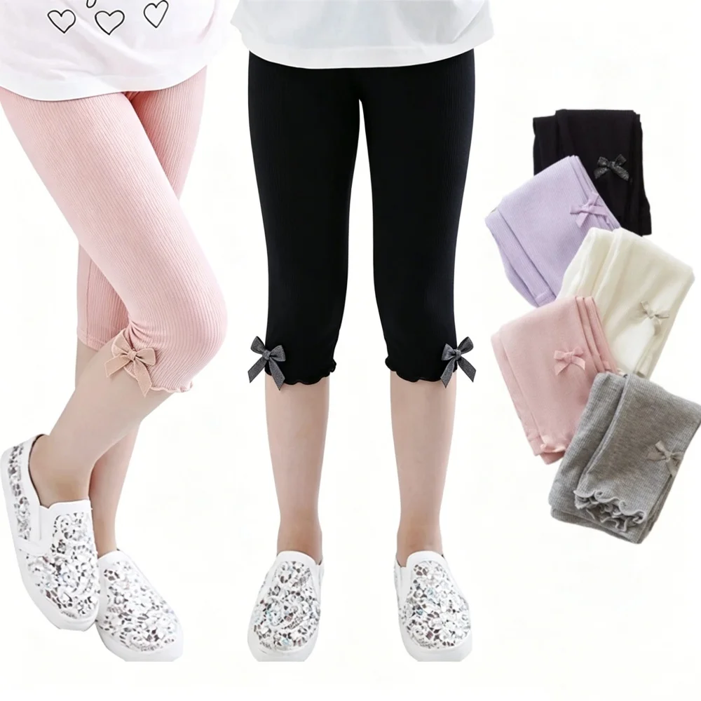New Summer Children Knee Length Leggings Ruffles Kids Candy Color Modal Cotton Toddler Girl Clothes Cropped Pants 3-11 Years