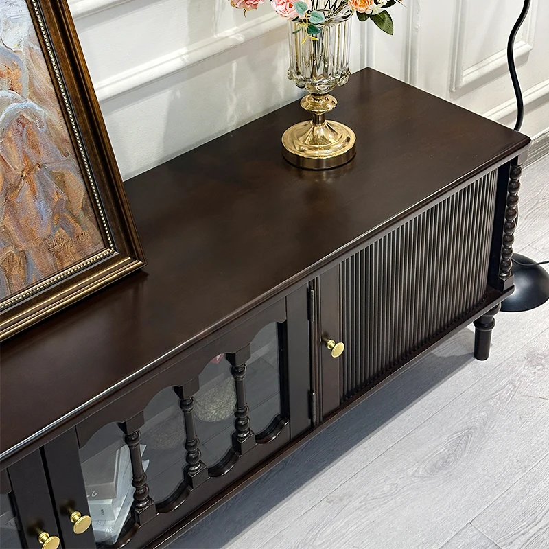 

French pure solid wood coffee table TV cabinet combination, ancient black locker in the living room