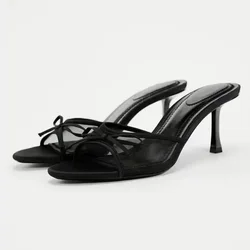 New Product One Line with Back Air TRF Slippers Mesh Fabric Bow Decoration High Heel Sandals Women Shoes Women Sandals