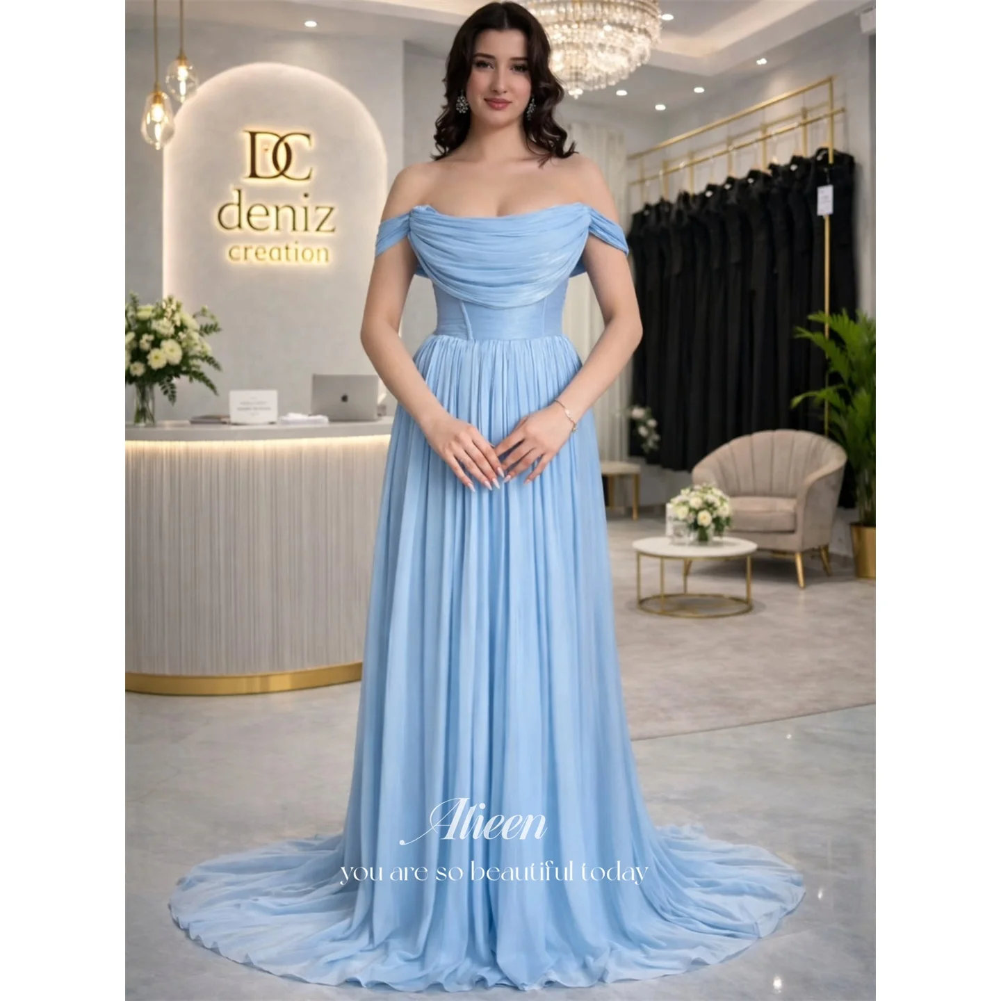 

Aileen Chiffon Off The Shoulder Sky Blue A-Line Evening Dress 2026 Prom Dress Formal Evening Customized Elegant Women's Ladies