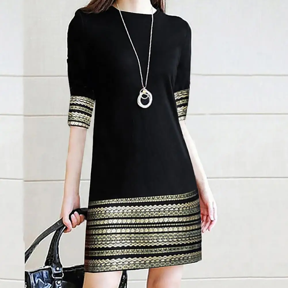 Fashion Woman Dress Half Sleeve Look Slim Black Unique Pattern Dress