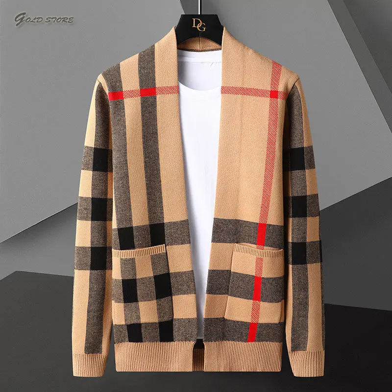 New Fall Winter Luxury Cashmere Cardigan Men England Style Men\'s Sweaters Keep Warm Mens Plaid Cardigans High End Classic Jacket