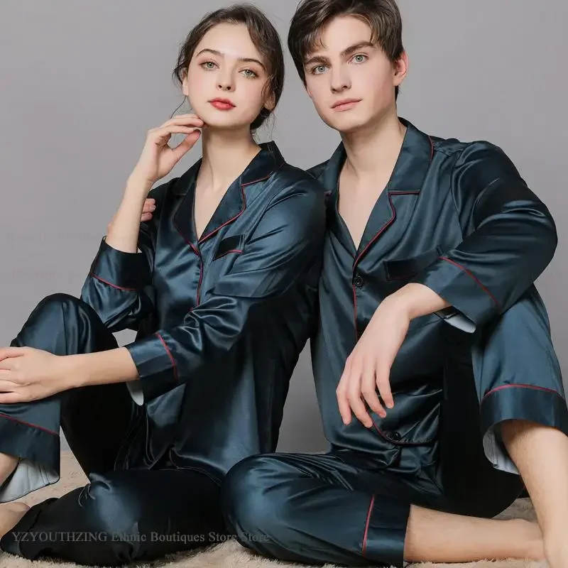 New Autumn Couple Sleepwear Long Sleeve Pajamas Set Silk Satin Men Sleepwear Pijamas Suit Loose Casual Lover Nightwear Homewear - Image 3