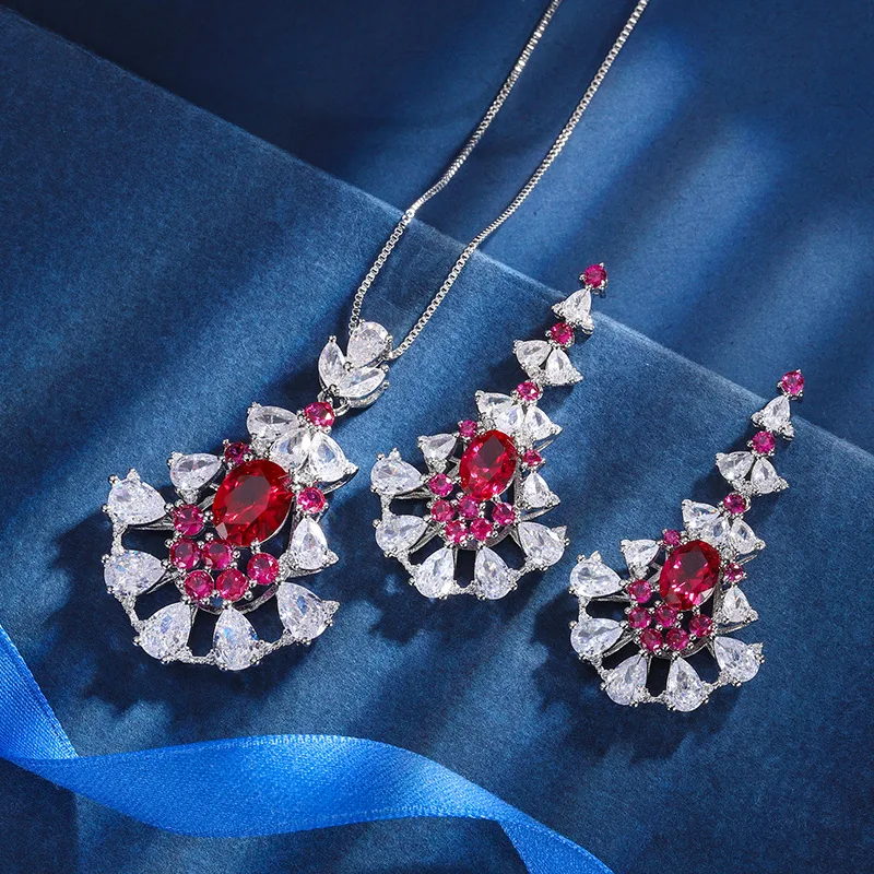 New European and American fashion red corundum three-color women's pendant necklace, ring, and earring set