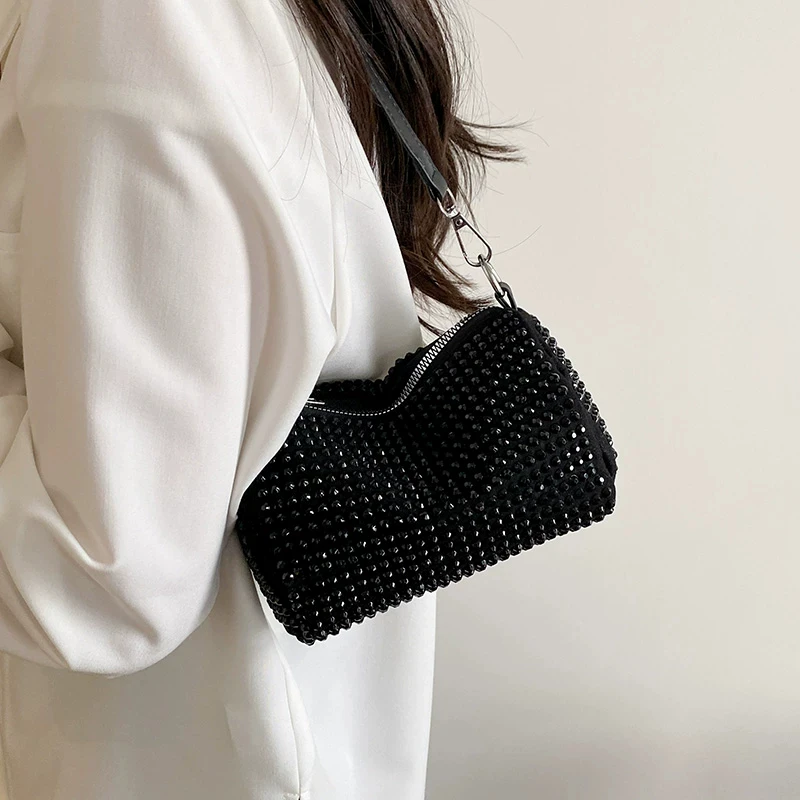 Women's Rhinestone Mini Handbag Black Sparkling Crystal Decor Cylinder Bags Solid Color Chain Strap Crossbody Phone Purse