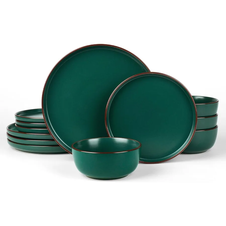 

Mercury Plates and Bowls Sets 12 Pieces Stoneware Dinnerware Sets Dishes Set for 4 Microwave and Dishwasher Safe Dark Green