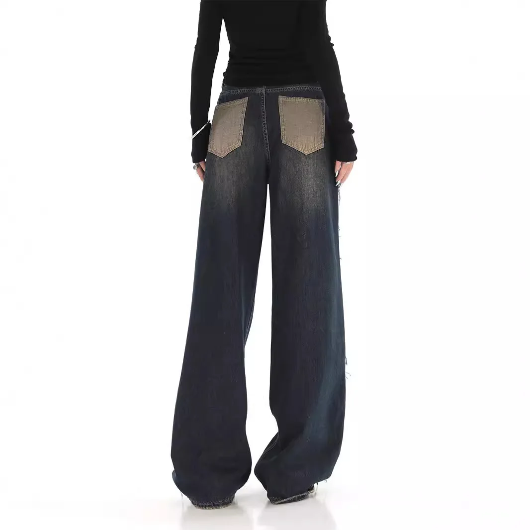 Niszowe Jeansy Kontrastowe Amerykańska High Street Niebieskie Surowe Wykończenie Szczotkowane Szerokie Nogawki Moda Jesień Zima 2025 Nowa Kolekcja