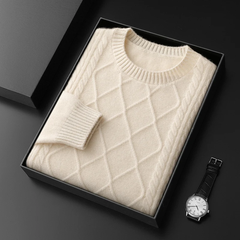 CHICUU Men's 100% Cashmere Sweater Thick O-neck Pullover Rhombus Knit Autumn Winter Cashmere Knitwear Smart Casual Soft Clothes